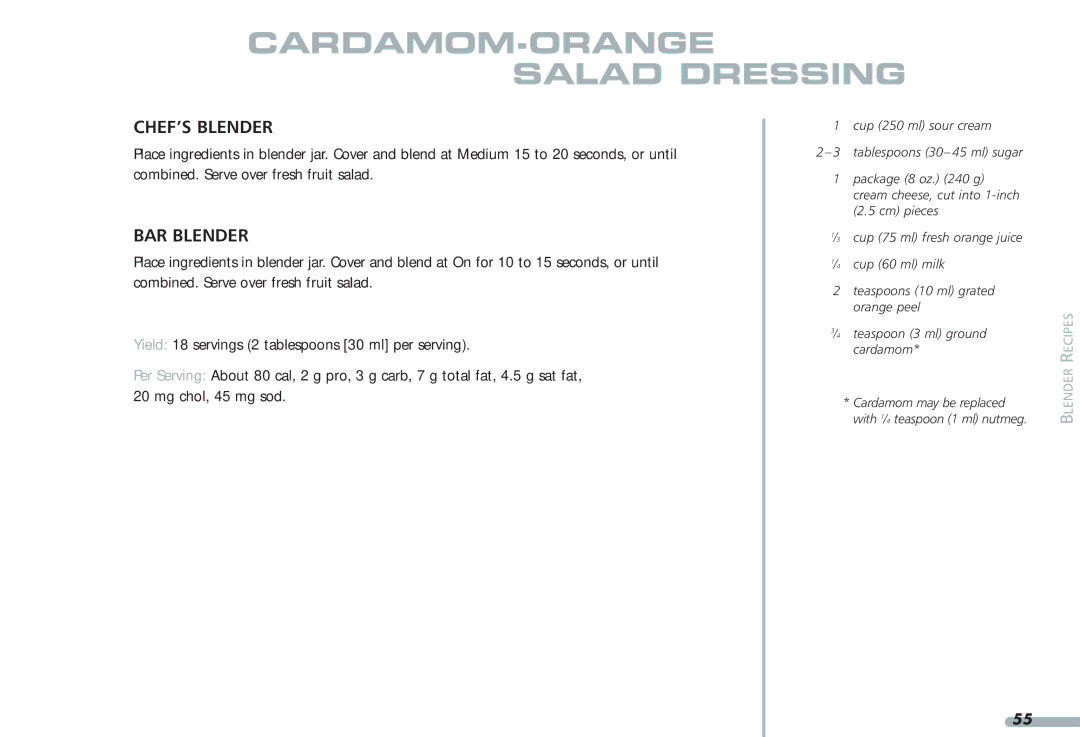 KitchenAid 4KPCB348, Blender, 4KPCB148, 35 manual CARDAMOM-ORANGE Salad Dressing 