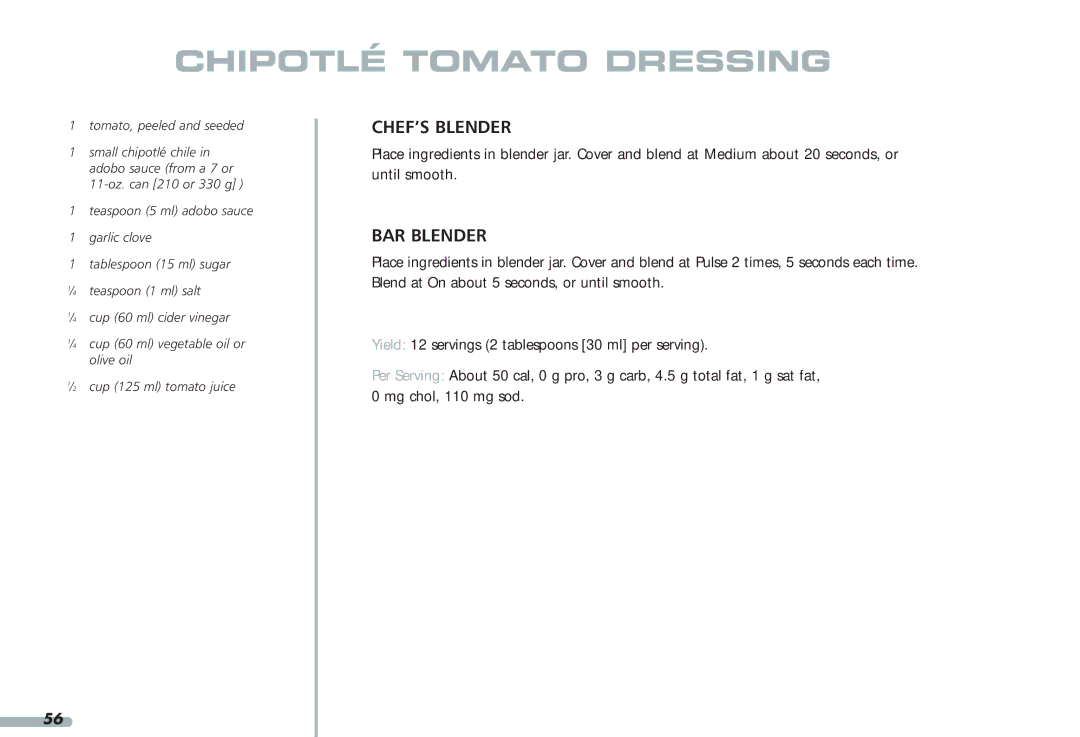 KitchenAid 4KPCB148, Blender, 4KPCB348, 35 manual Chipotlé Tomato Dressing 