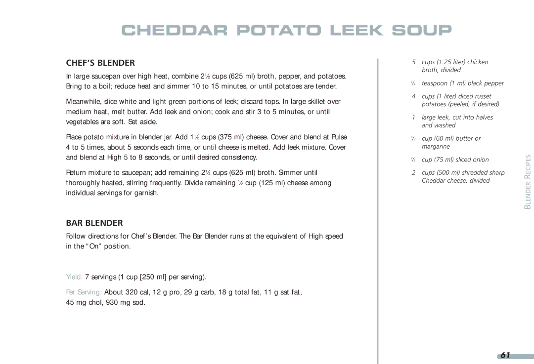 KitchenAid 35, Blender, 4KPCB348, 4KPCB148 manual Cheddar Potato Leek Soup 