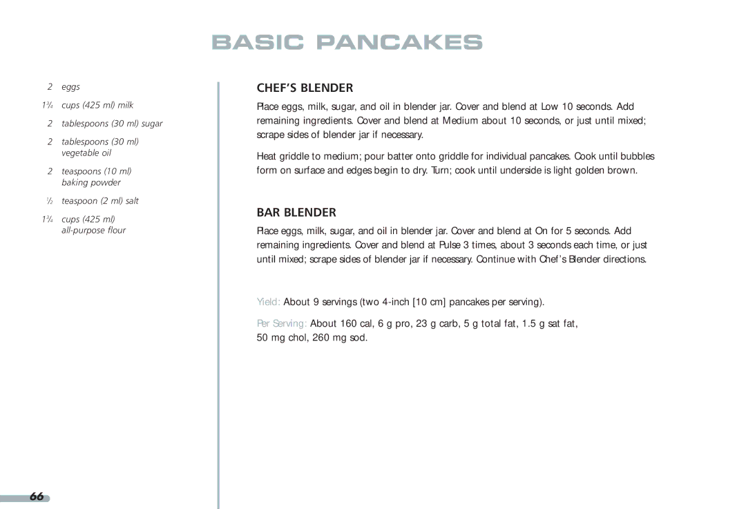 KitchenAid Blender, 4KPCB348, 4KPCB148, 35 manual Basic Pancakes 