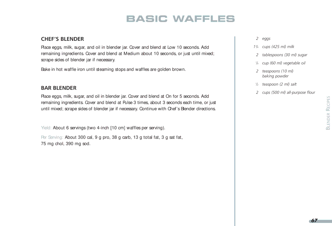 KitchenAid 4KPCB348, Blender, 4KPCB148, 35 manual Basic Waffles 