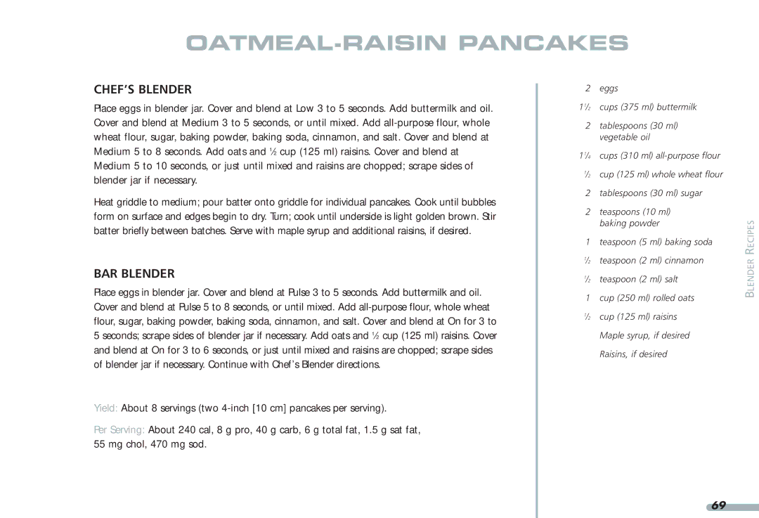 KitchenAid 35, Blender, 4KPCB348, 4KPCB148 manual OATMEAL-RAISIN Pancakes 