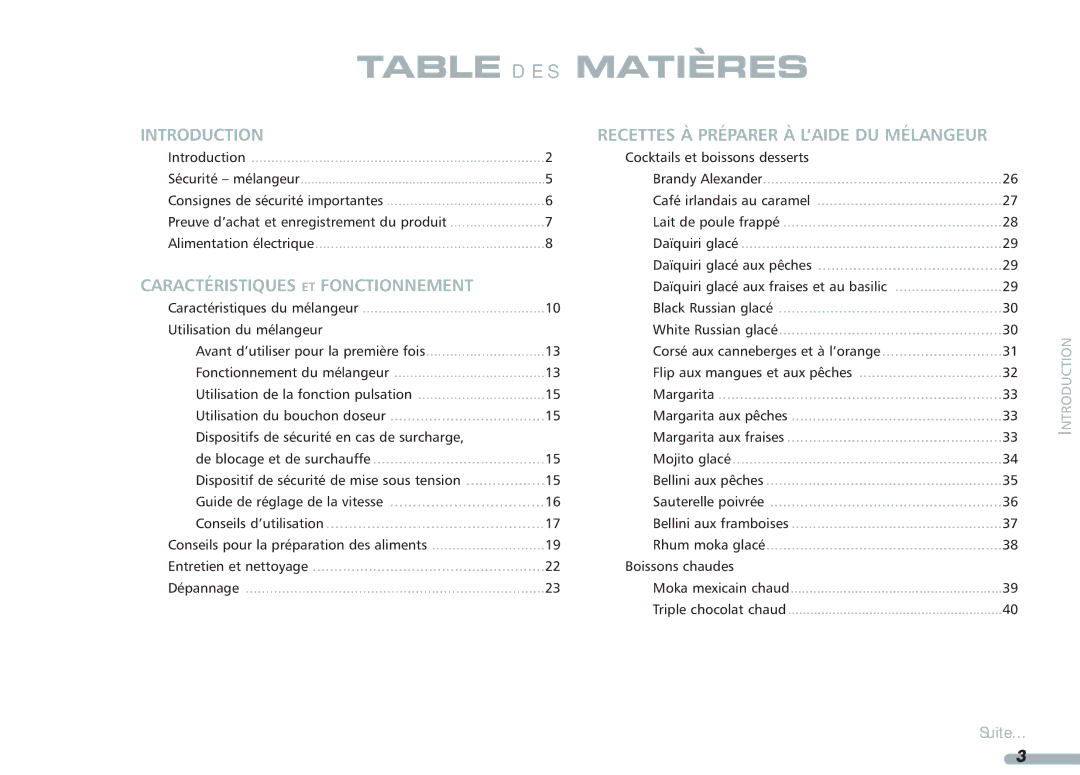 KitchenAid Blender, 4KPCB348, 4KPCB148, 35 manual Table DES Matières, Introduction 