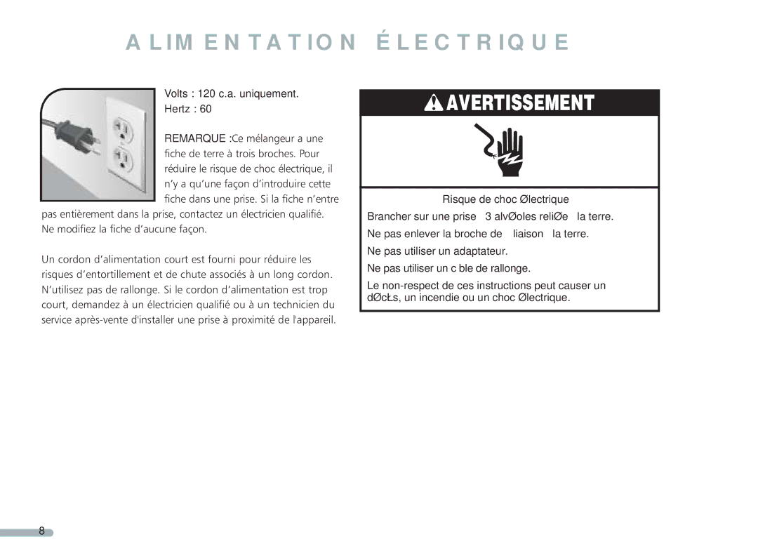 KitchenAid 4KPCB348, Blender, 4KPCB148, 35 manual Alimentation Électrique, Volts 120 c.a. uniquement Hertz 