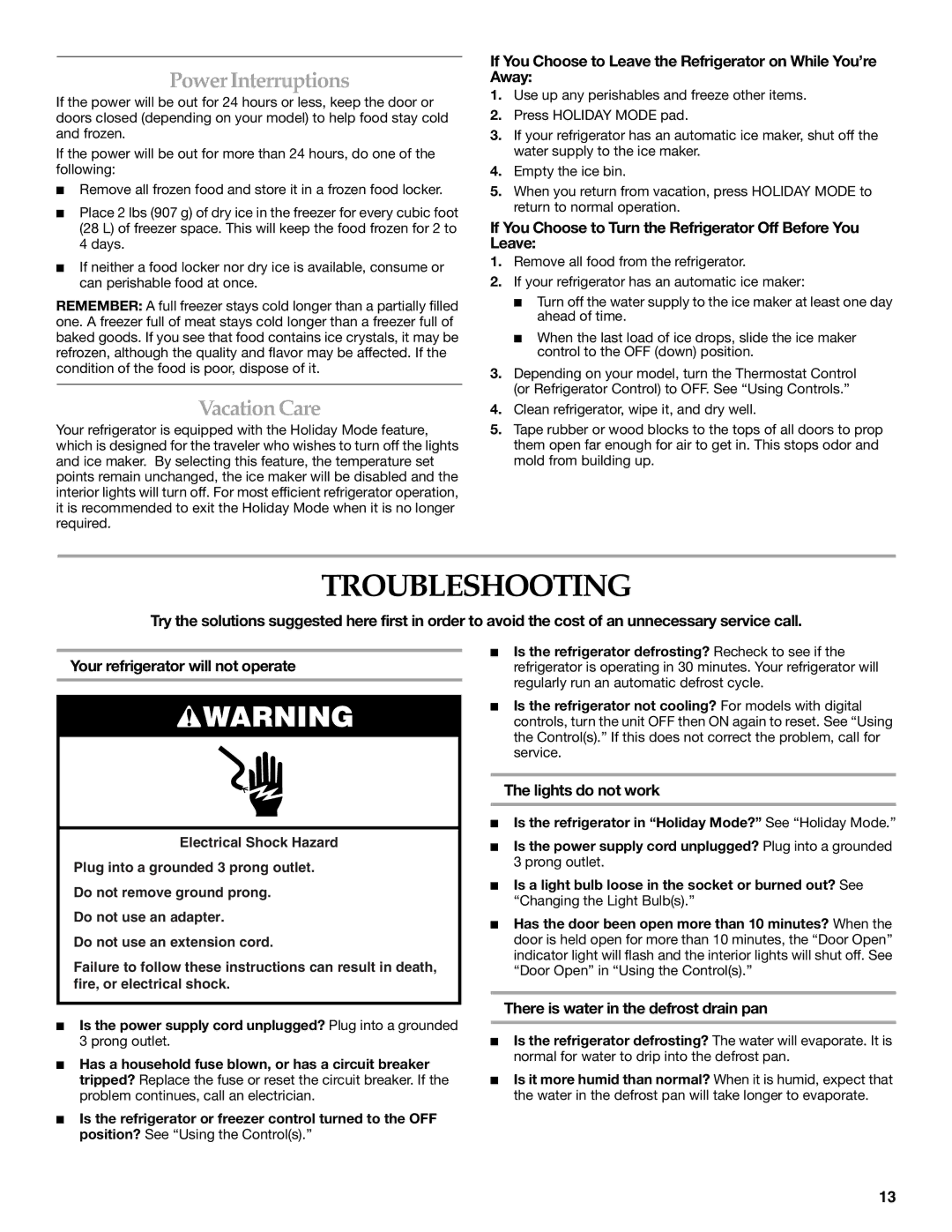 KitchenAid Bottom-Mount Built-In Refrigerator manual Troubleshooting, PowerInterruptions, Vacation Care 