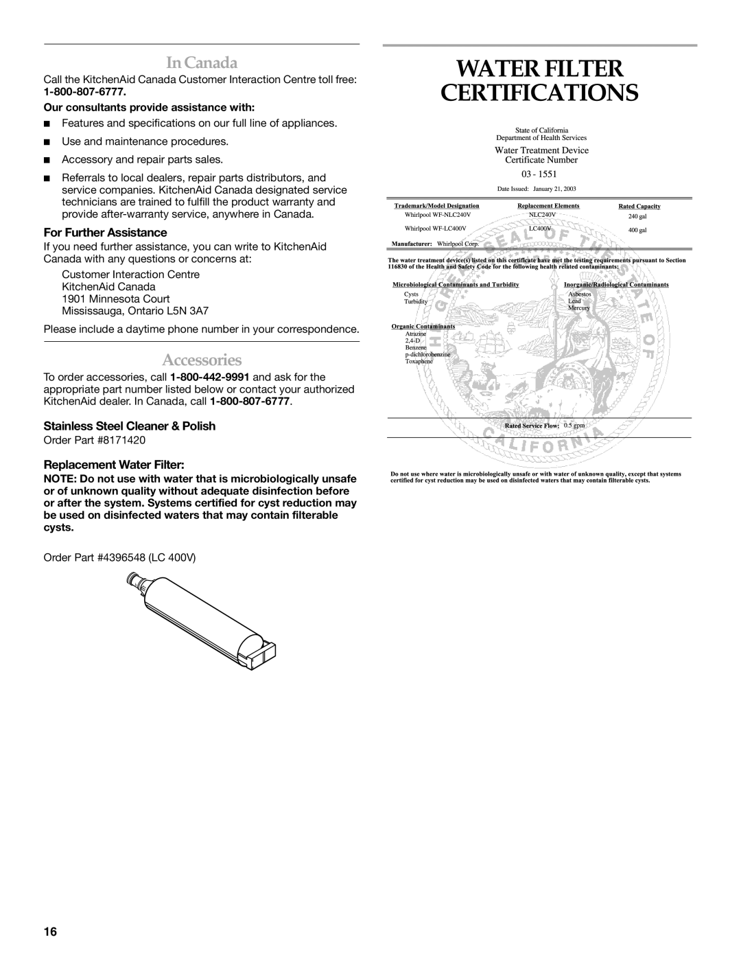 KitchenAid Bottom-Mount Built-In Refrigerator Water Filter Certifications, Canada, Accessories, Replacement Water Filter 