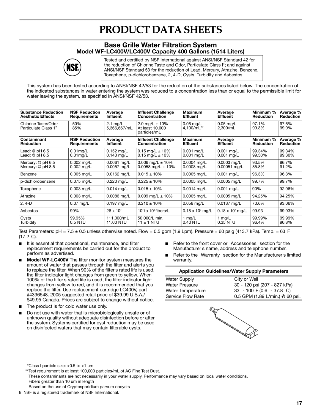 KitchenAid Bottom-Mount Built-In Refrigerator manual Product Data Sheets, Application Guidelines/Water Supply Parameters 