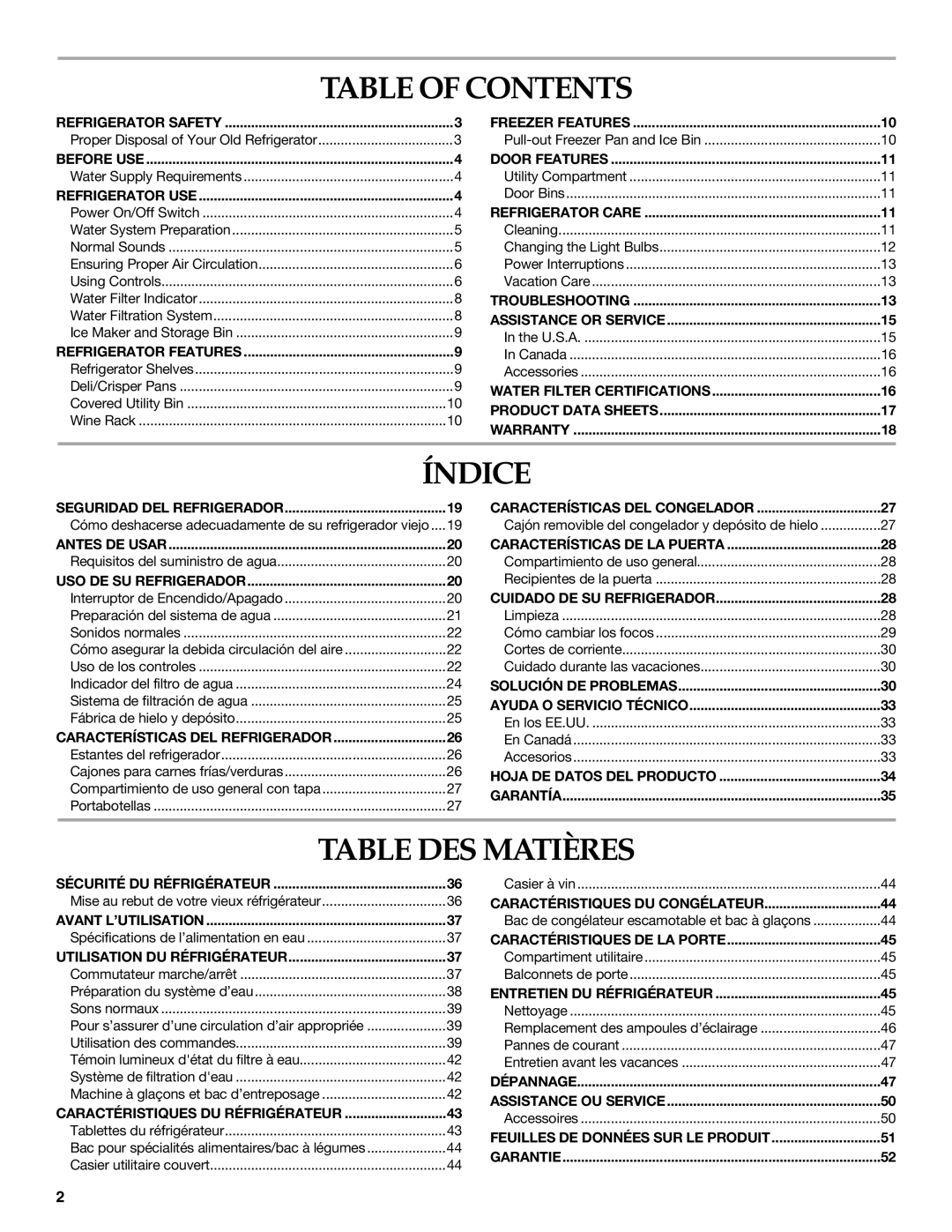 KitchenAid Bottom-Mount Built-In Refrigerator manual Table of Contents, Índice, Table DES Matières 