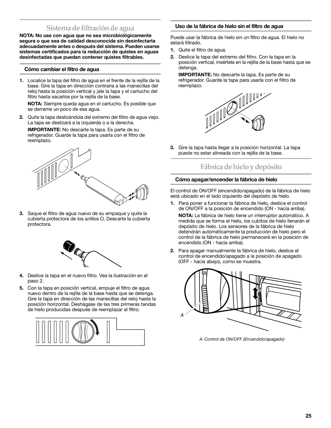 KitchenAid Bottom-Mount Built-In Refrigerator manual Sistema de filtración de agua, Fábrica de hieloy depósito 