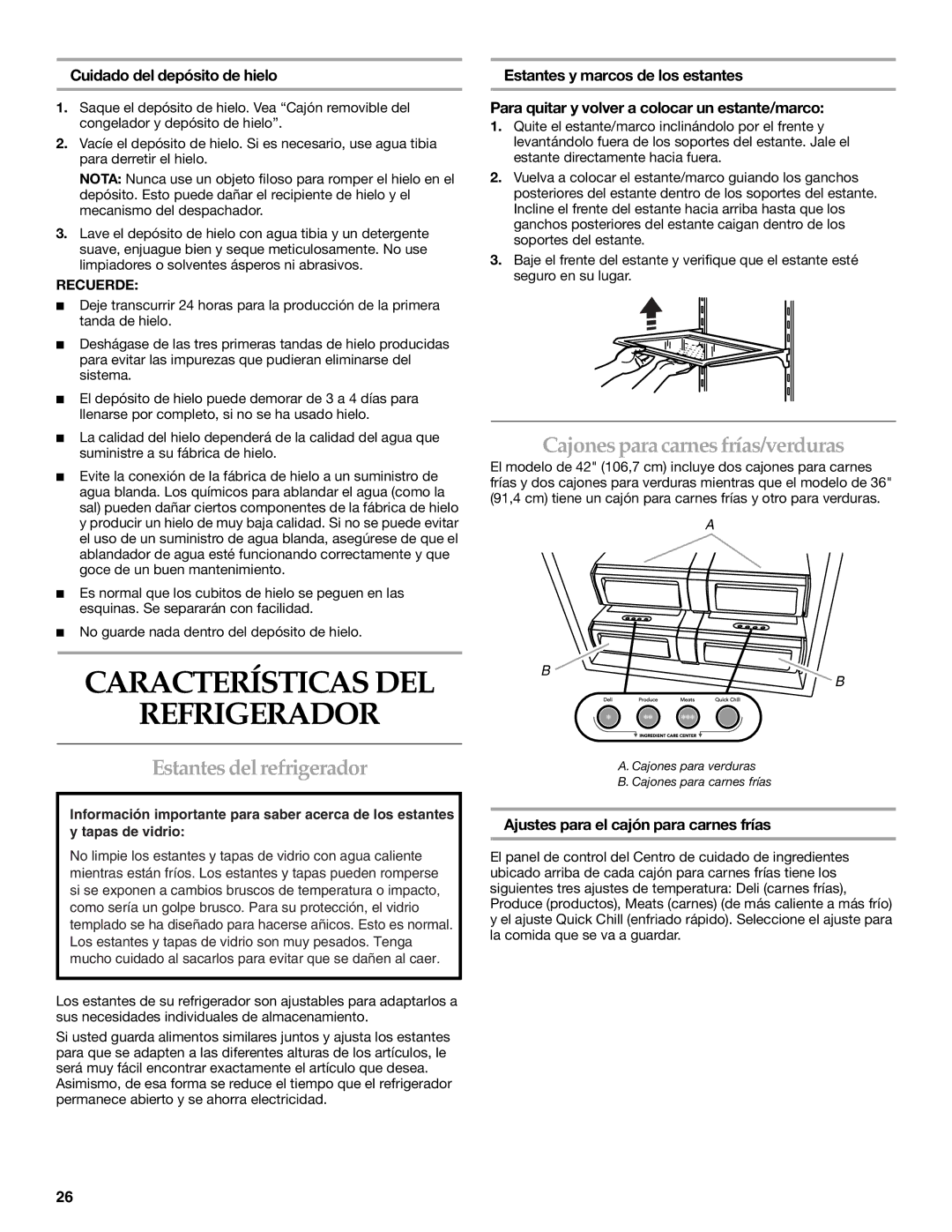 KitchenAid Bottom-Mount Built-In Refrigerator manual Características DEL Refrigerador, Cajonespara carnes frías/verduras 