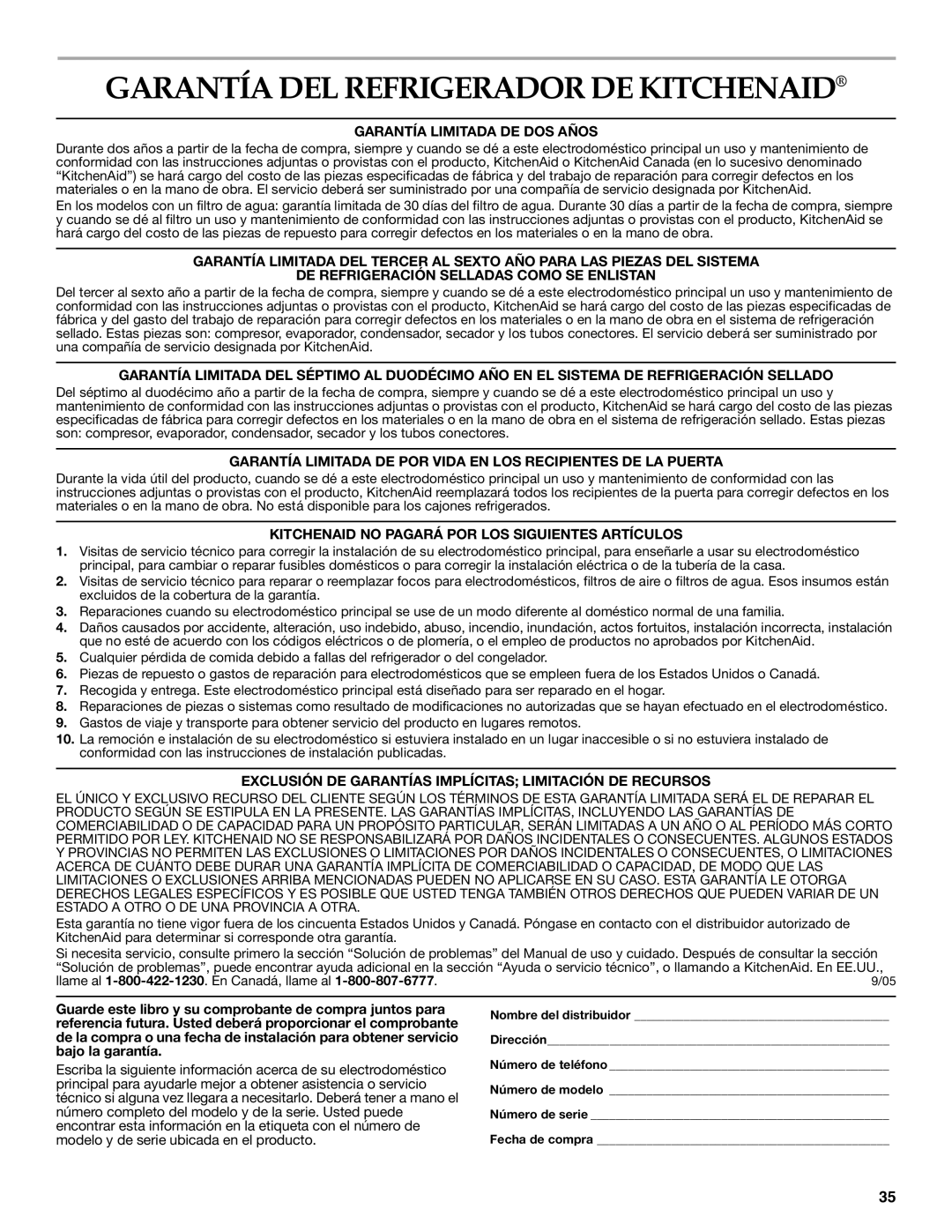 KitchenAid Bottom-Mount Built-In Refrigerator manual Garantía DEL Refrigerador DE Kitchenaid, Garantía Limitada DE DOS Años 