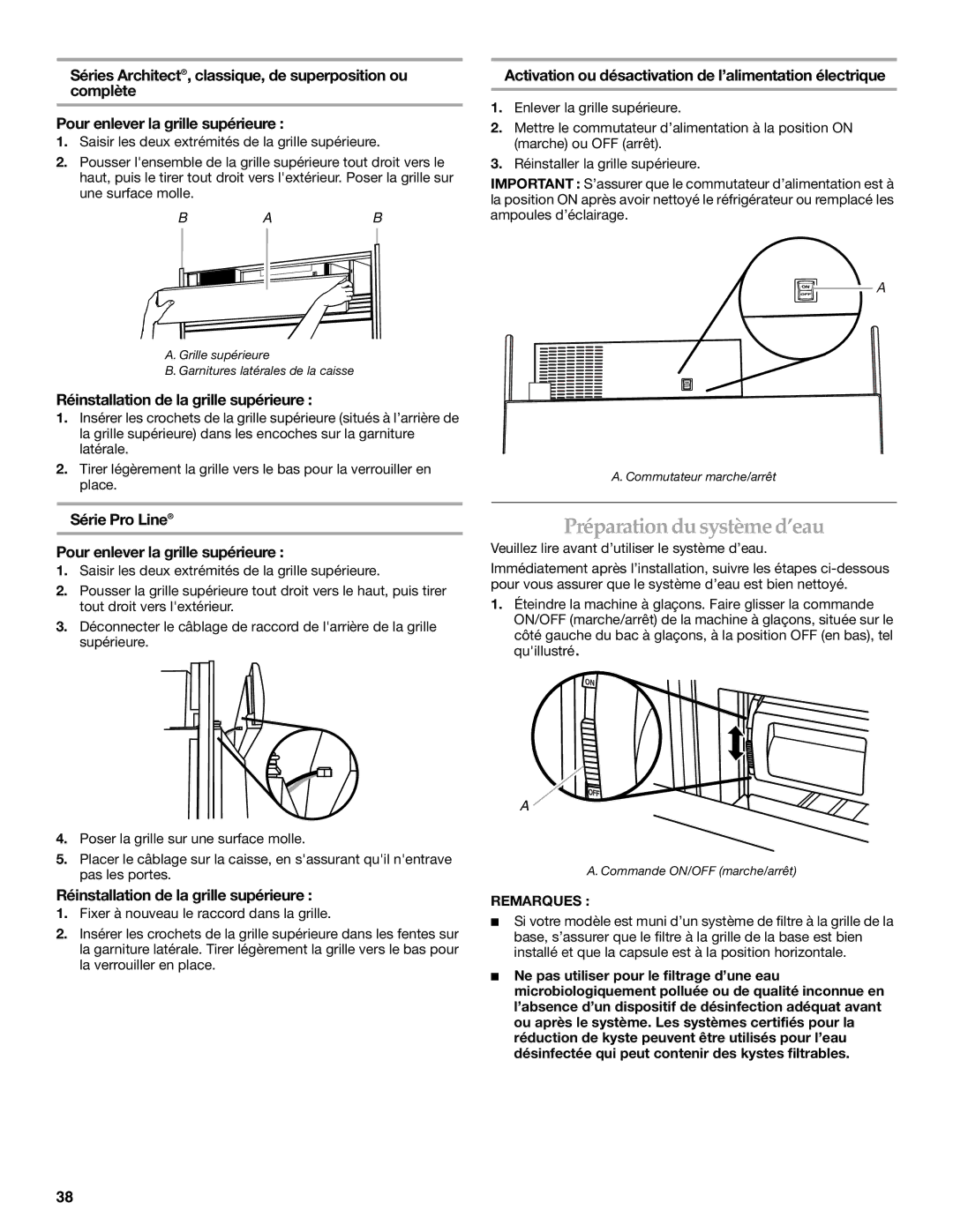 KitchenAid Bottom-Mount Built-In Refrigerator manual Préparation du système d’eau, Réinstallation de la grille supérieure 