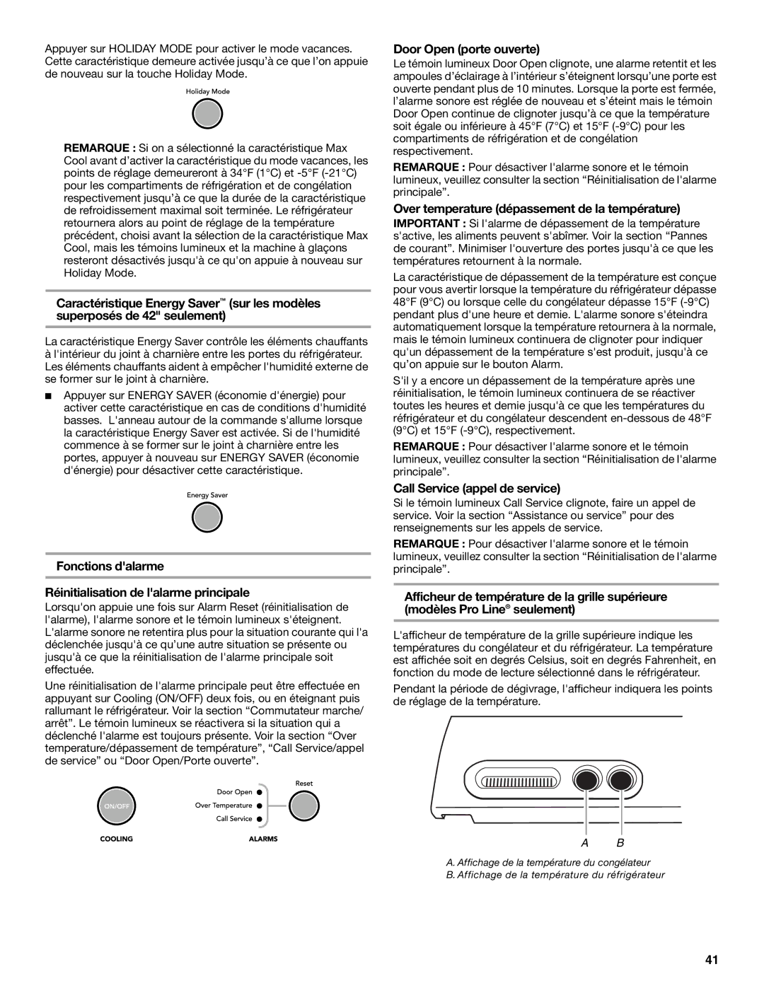 KitchenAid Bottom-Mount Built-In Refrigerator manual Fonctions dalarme Réinitialisation de lalarme principale 