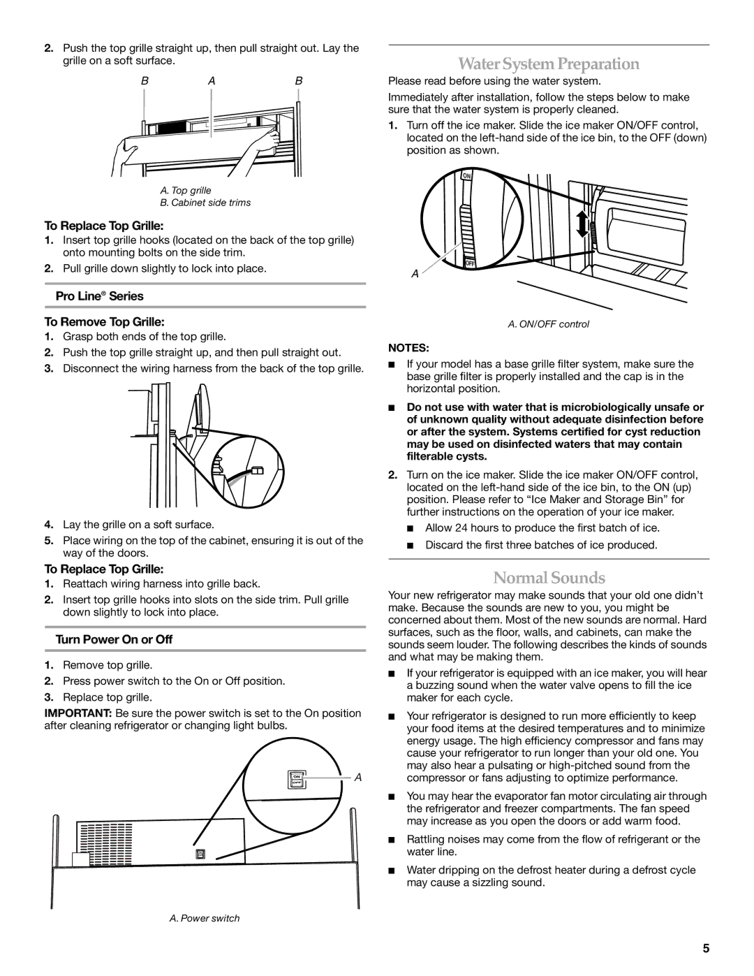 KitchenAid Bottom-Mount Built-In Refrigerator manual Water System Preparation, Normal Sounds, To Replace Top Grille 