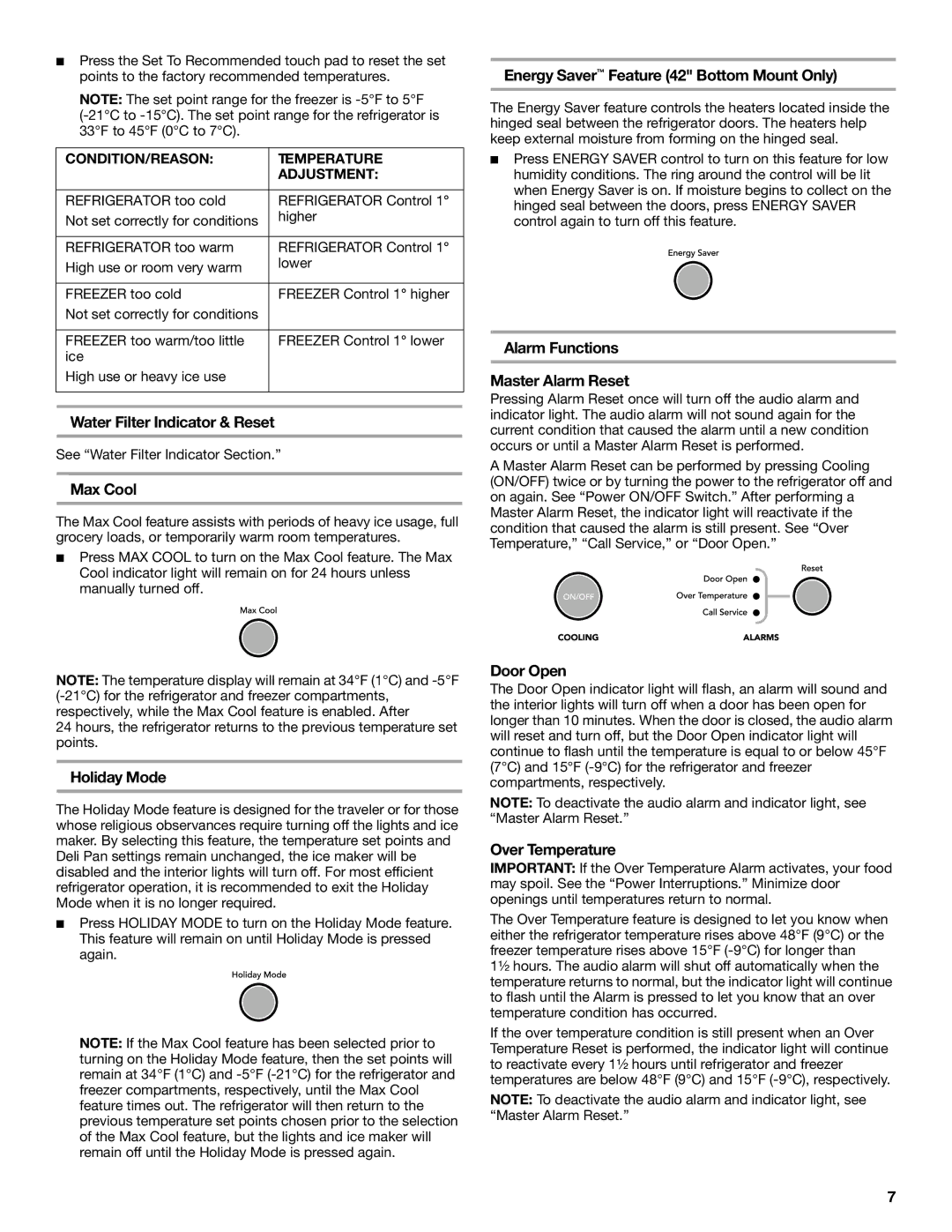 KitchenAid Bottom-Mount Built-In Refrigerator manual Water Filter Indicator & Reset, Max Cool, Holiday Mode, Door Open 