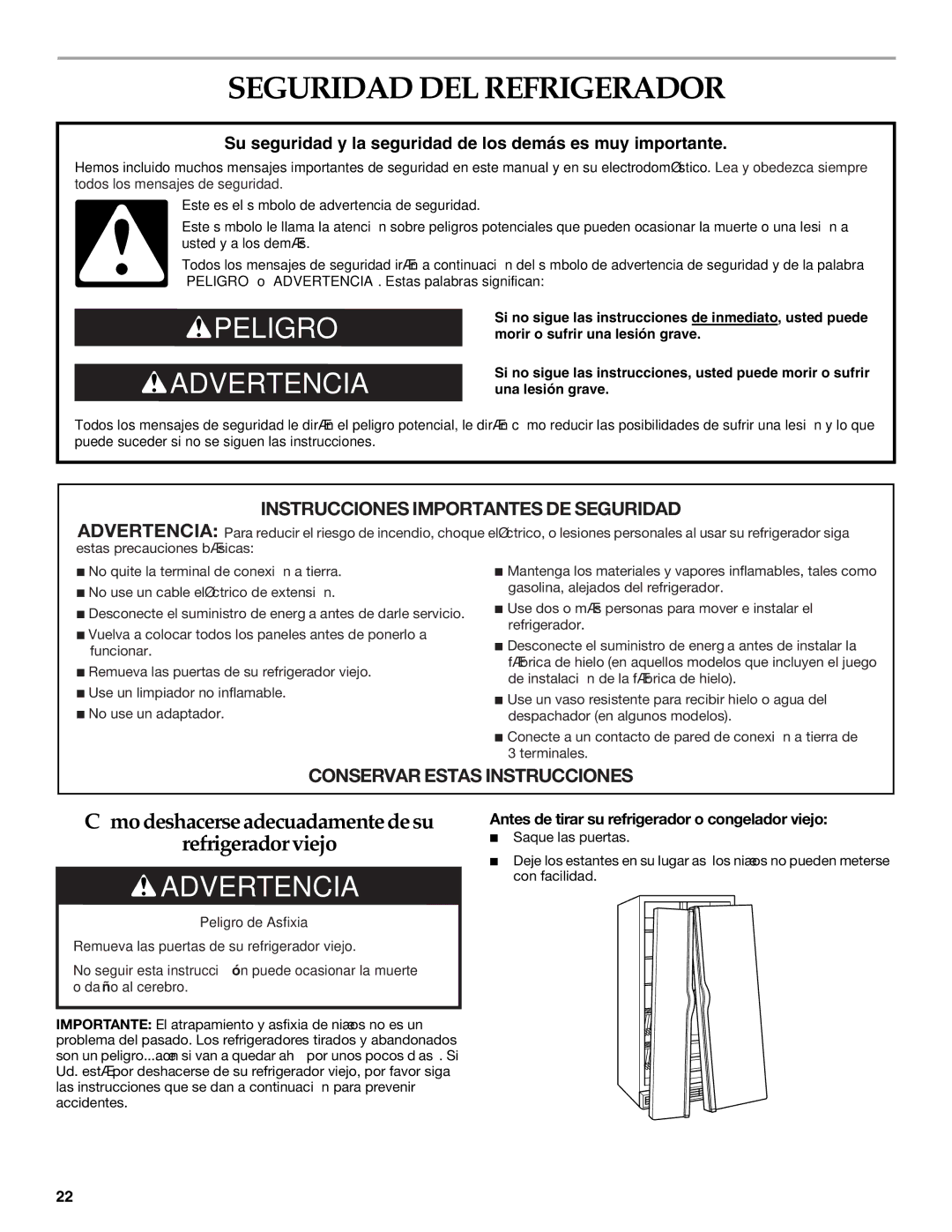 KitchenAid BUILT-IN REFRIGERATOR manual Seguridad DEL Refrigerador, Antes de tirar su refrigerador o congelador viejo 