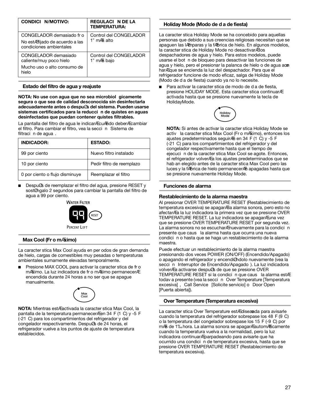 KitchenAid BUILT-IN REFRIGERATOR manual Estado del filtro de agua y reajuste, Max Cool Frío máximo 