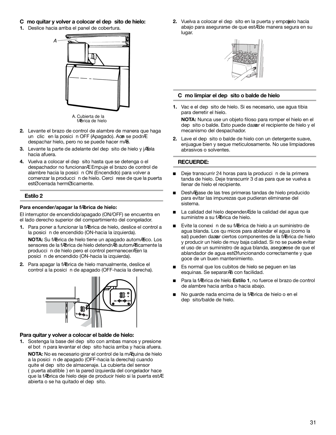 KitchenAid BUILT-IN REFRIGERATOR manual Cómo quitar y volver a colocar el depósito de hielo, Estilo 