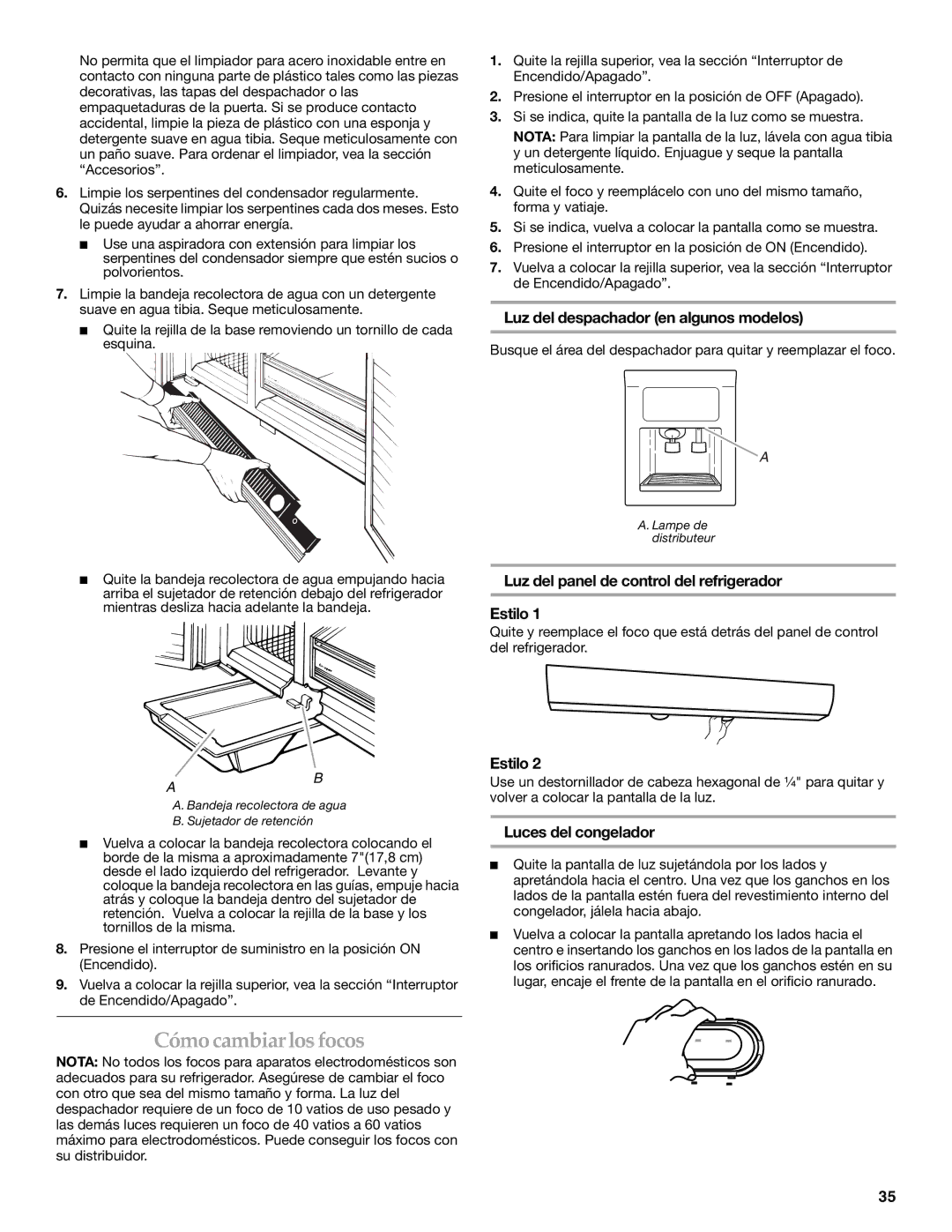 KitchenAid BUILT-IN REFRIGERATOR Cómo cambiar los focos, Luz del despachador en algunos modelos, Luces del congelador 