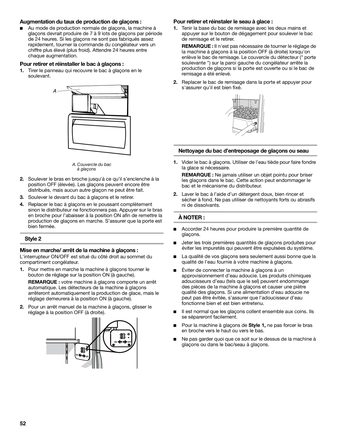 KitchenAid BUILT-IN REFRIGERATOR Augmentation du taux de production de glaçons, Pour retirer et réinstaler le seau à glace 