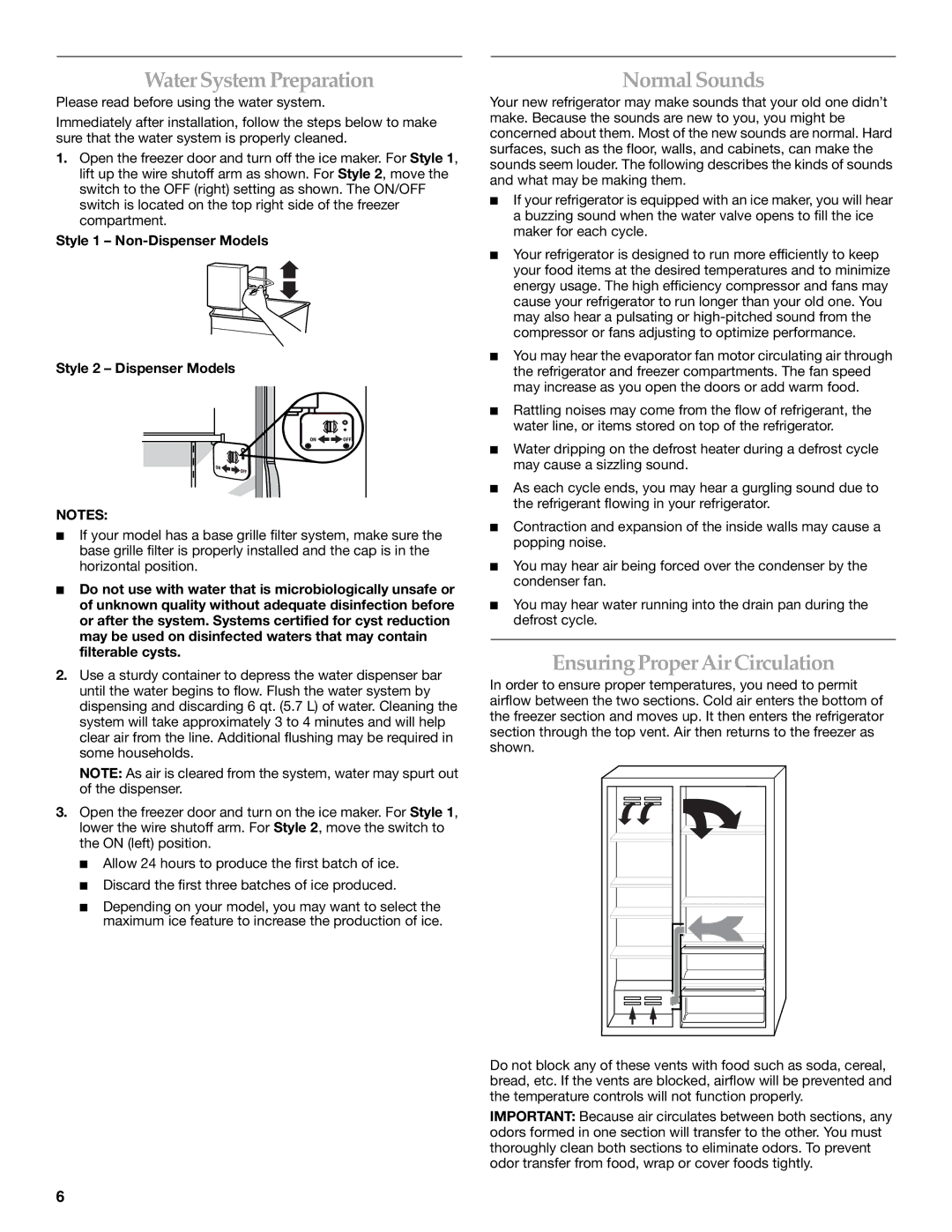 KitchenAid BUILT-IN REFRIGERATOR manual Water System Preparation, Normal Sounds, Ensuring Proper Air Circulation 