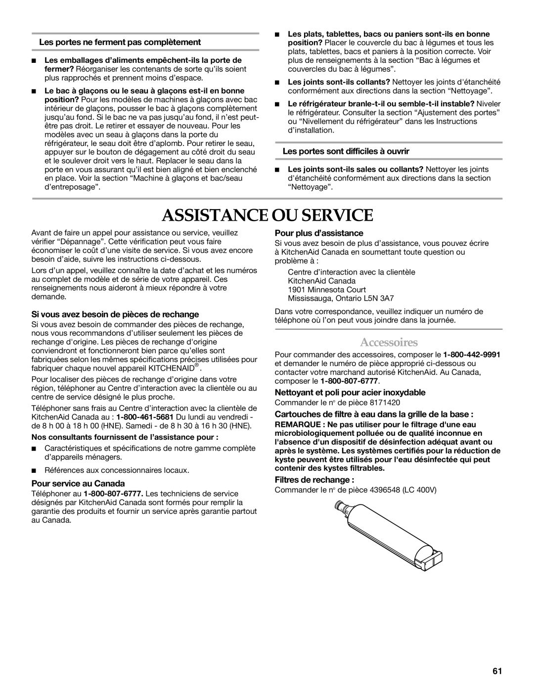 KitchenAid BUILT-IN REFRIGERATOR manual Assistance OU Service, Accessoires 