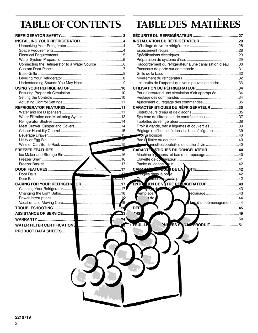 KitchenAid Cabinet Depth Side-by-Side Refrigerator manual Table of Contents, Table DES Matières 