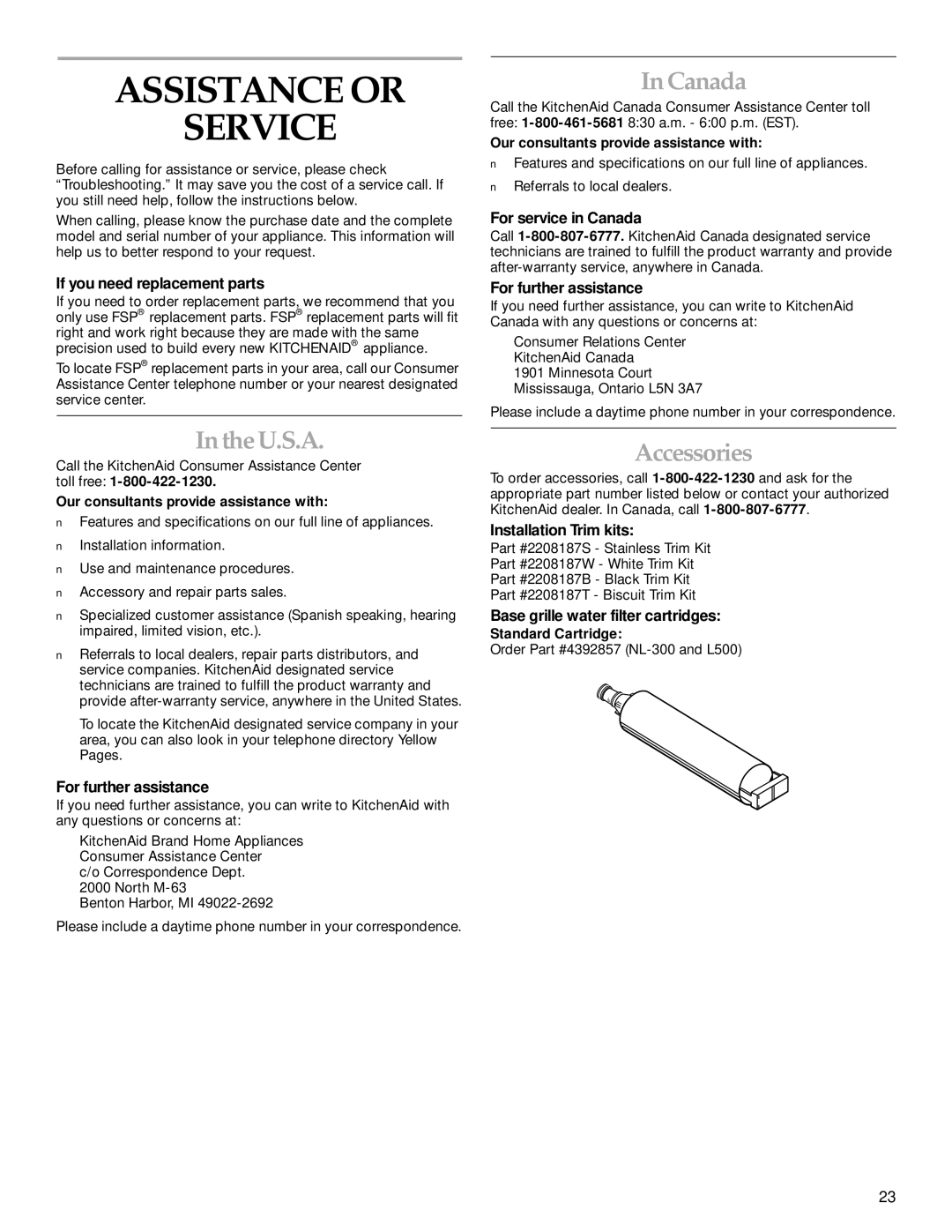KitchenAid Cabinet Depth Side-by-Side Refrigerator manual Assistance or Service, U.S.A, Canada, Accessories 