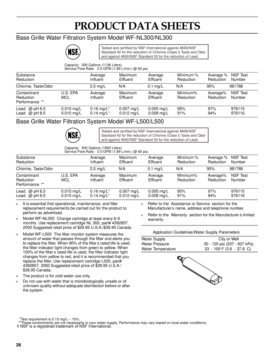 KitchenAid Cabinet Depth Side-by-Side Refrigerator Product Data Sheets, Application Guidelines/Water Supply Parameters 