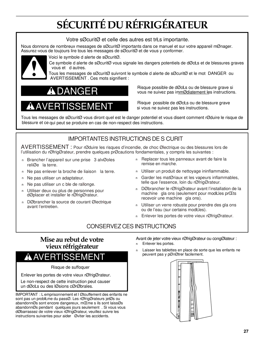 KitchenAid Cabinet Depth Side-by-Side Refrigerator manual Sécurité DU Réfrigérateur 