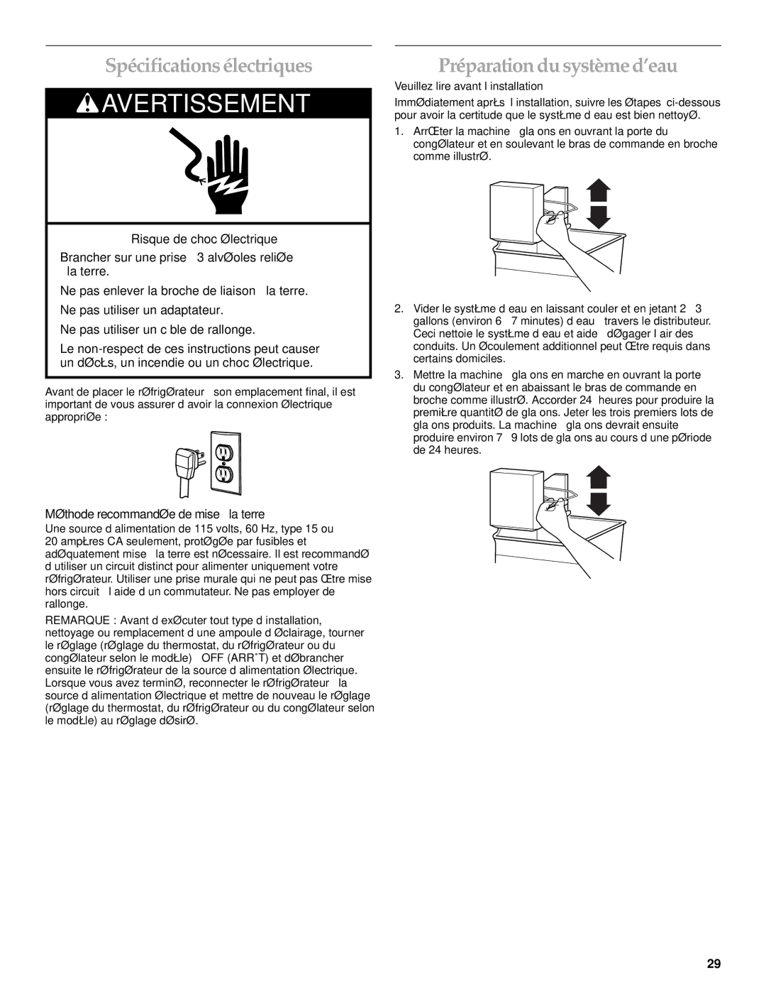 KitchenAid Cabinet Depth Side-by-Side Refrigerator manual Spécifications électriques, Préparation du système d’eau 