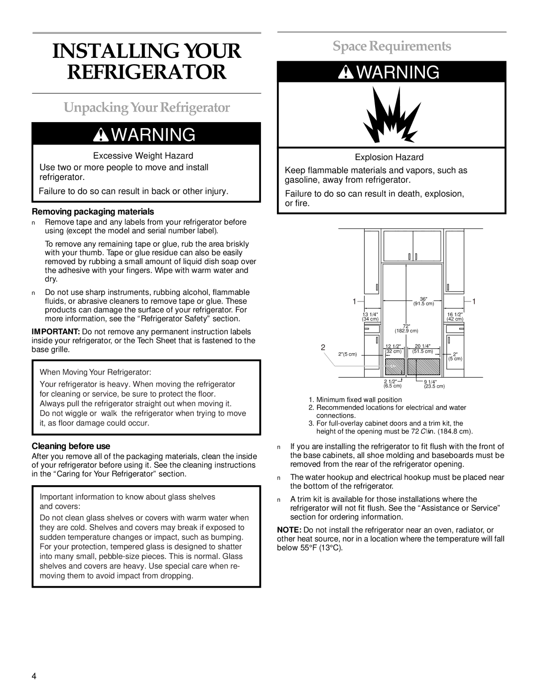 KitchenAid Cabinet Depth Side-by-Side Refrigerator manual Installing Your Refrigerator, Unpacking Your Refrigerator 