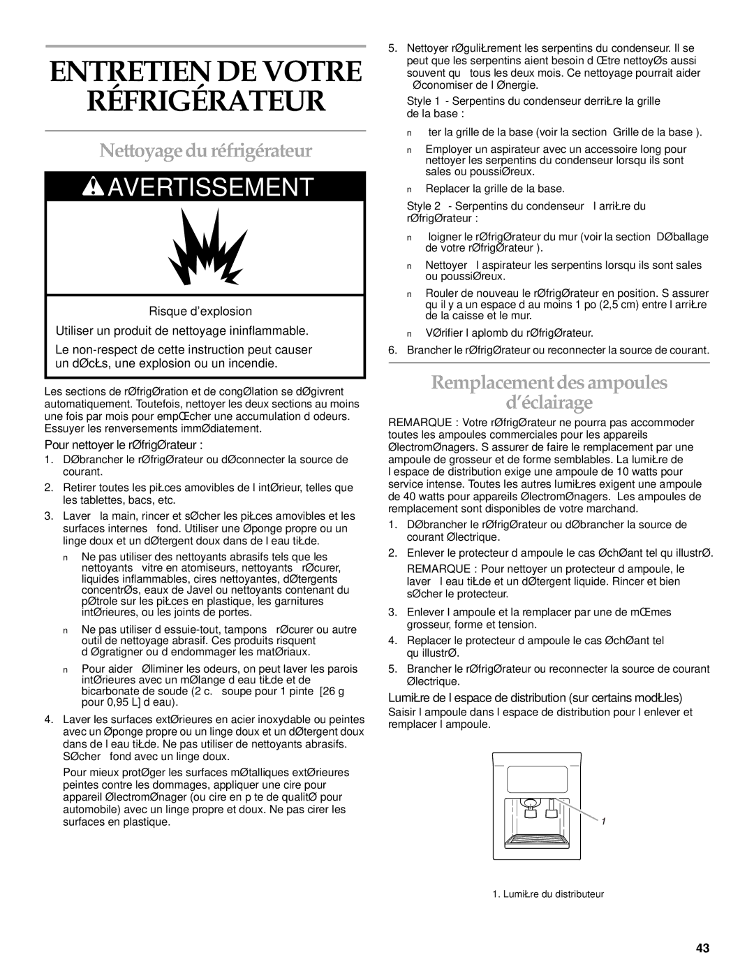 KitchenAid Cabinet Depth Side-by-Side Refrigerator manual Entretien DE Votre Réfrigérateur, Nettoyagedu réfrigérateur 