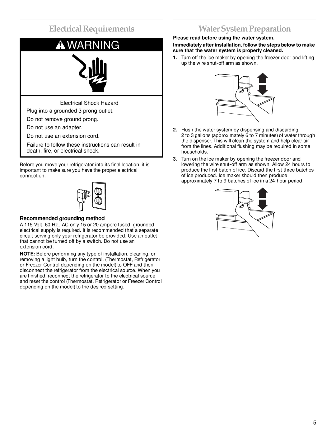 KitchenAid Cabinet Depth Side-by-Side Refrigerator manual Electrical Requirements, Water System Preparation 