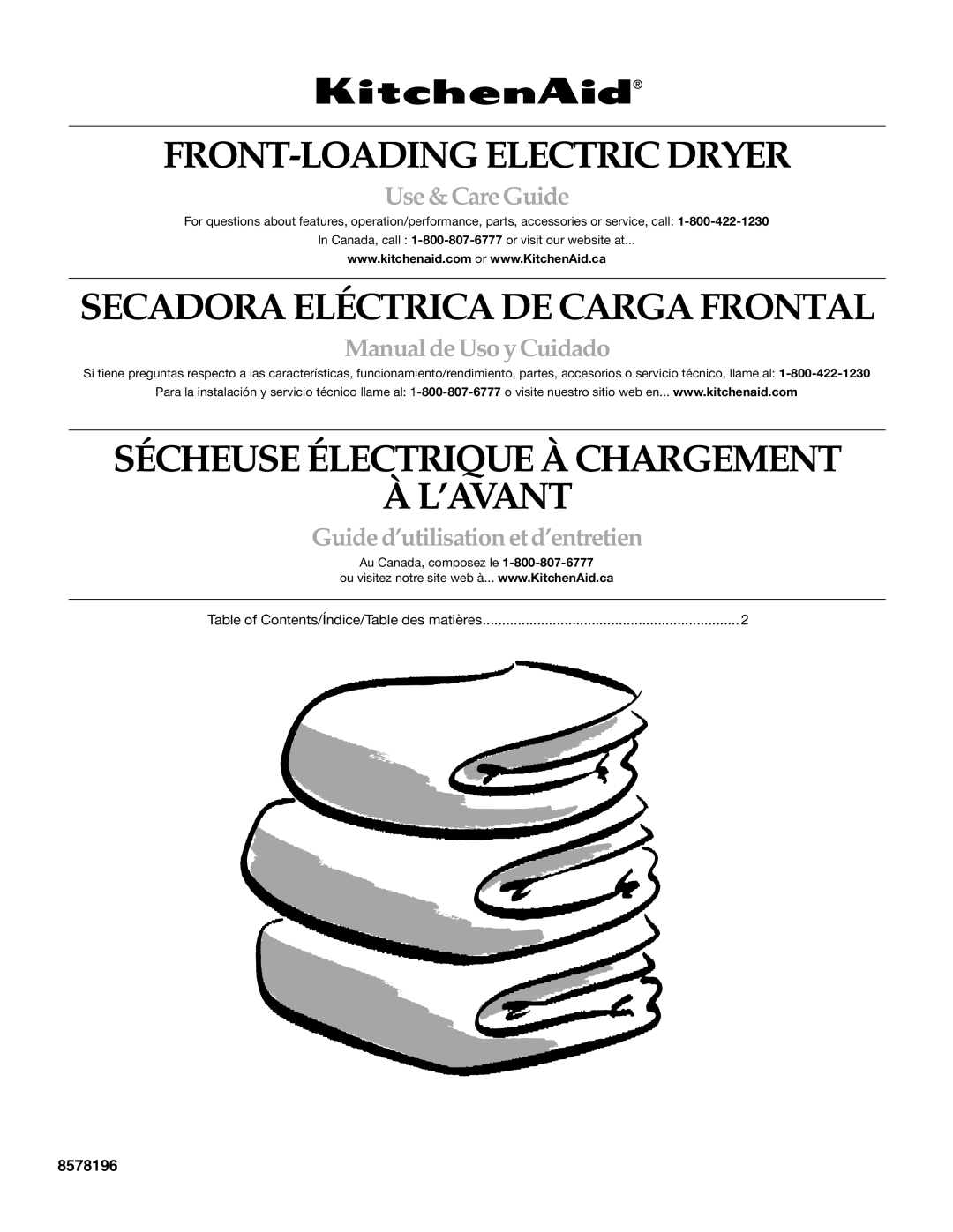 KitchenAid Clothes Dryer manual FRONT-LOADING Electric Dryer, Table of Contents/Índice/Table des matières 