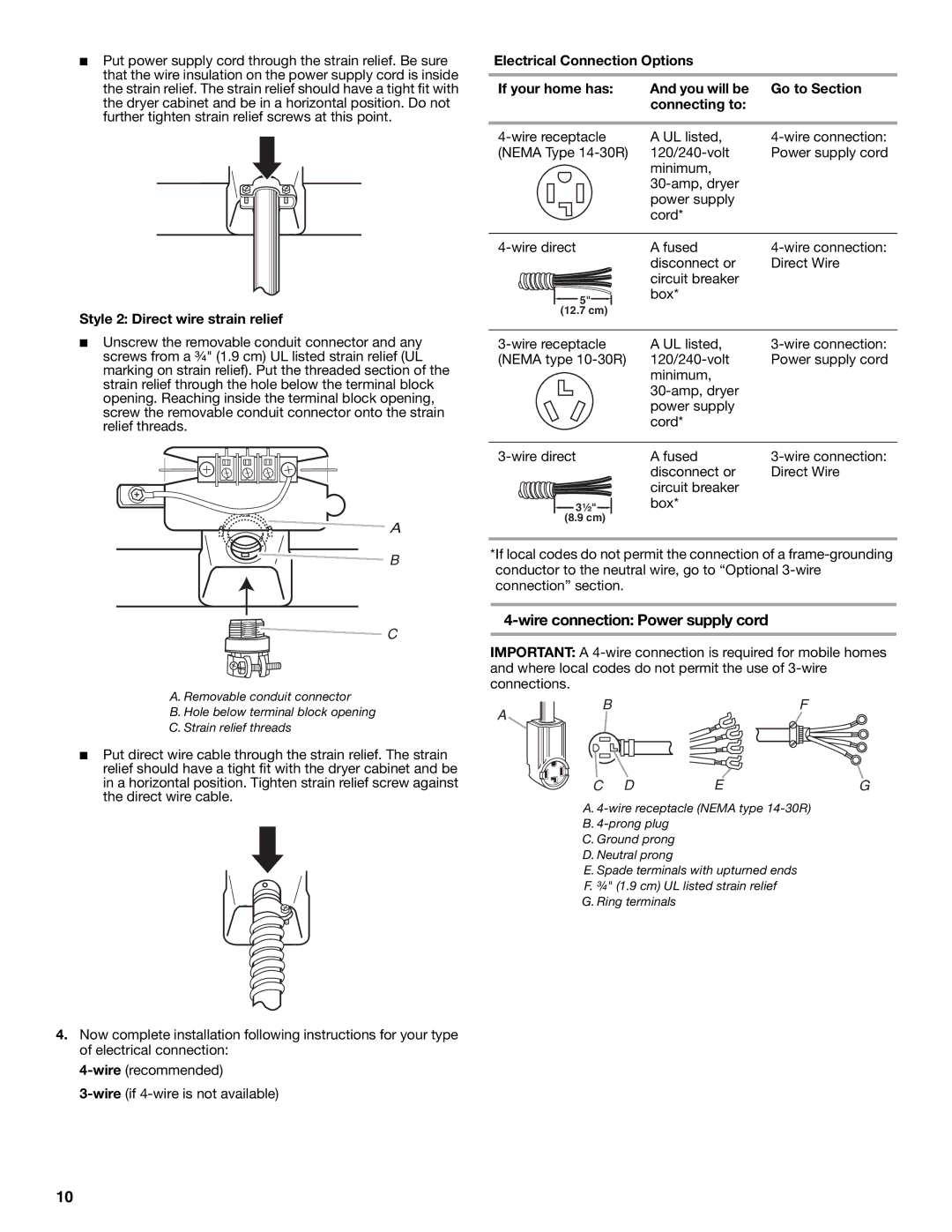 KitchenAid Clothes Dryer manual Wire connection Power supply cord, Style 2 Direct wire strain relief 