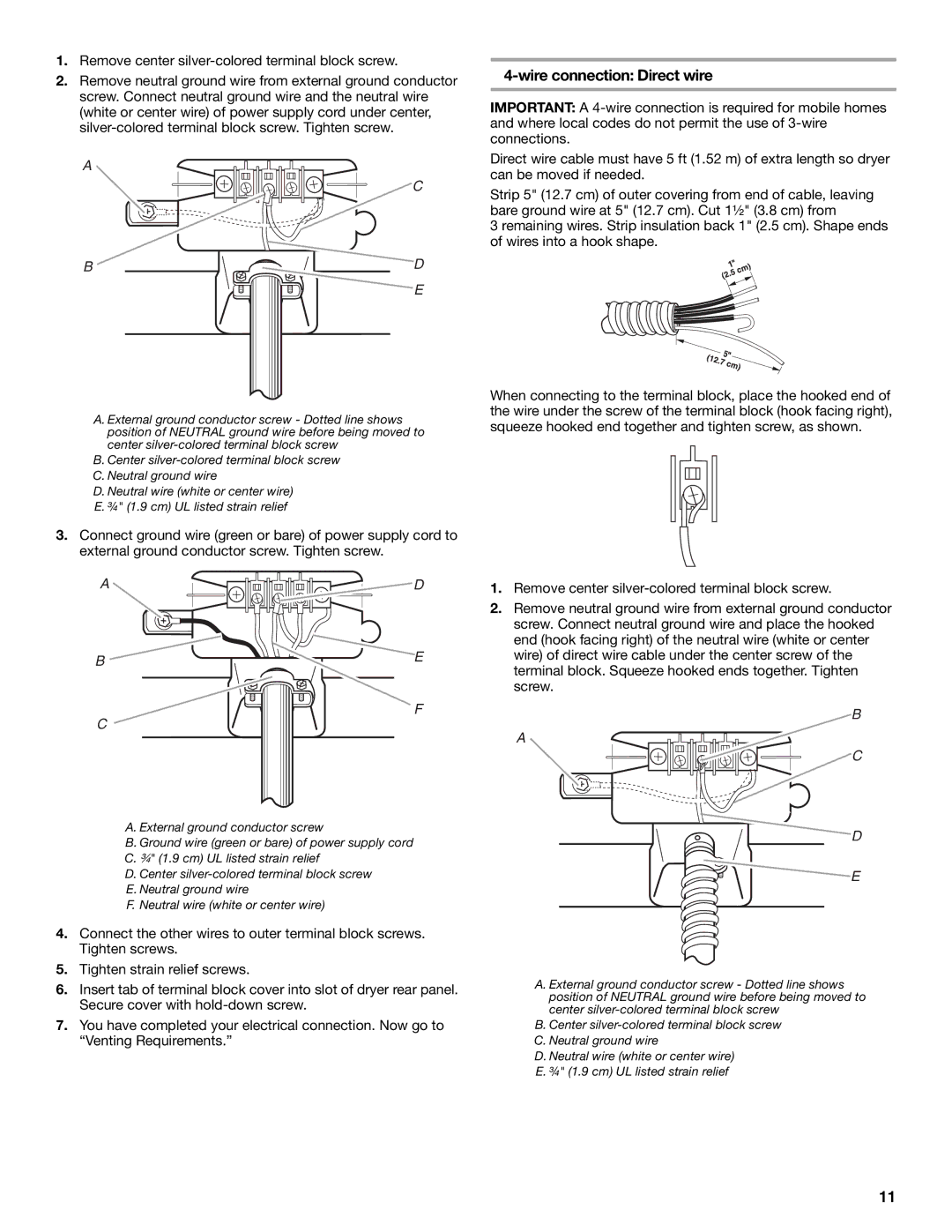 KitchenAid Clothes Dryer manual Wire connection Direct wire, Remove center silver-colored terminal block screw 