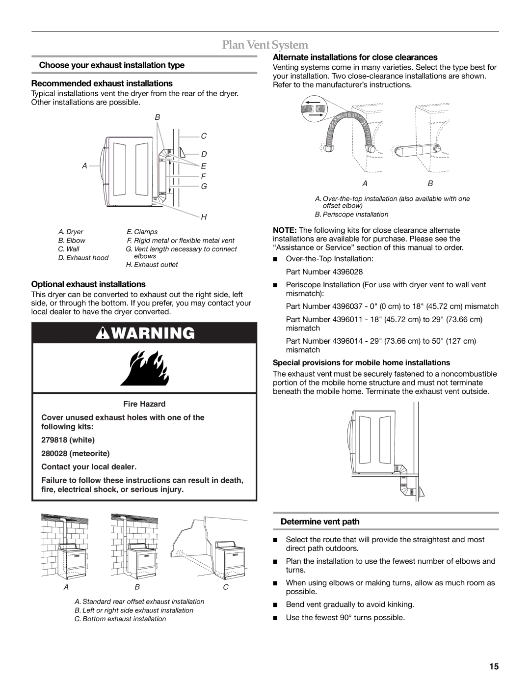 KitchenAid Clothes Dryer Plan VentSystem, Optional exhaust installations, Alternate installations for close clearances 