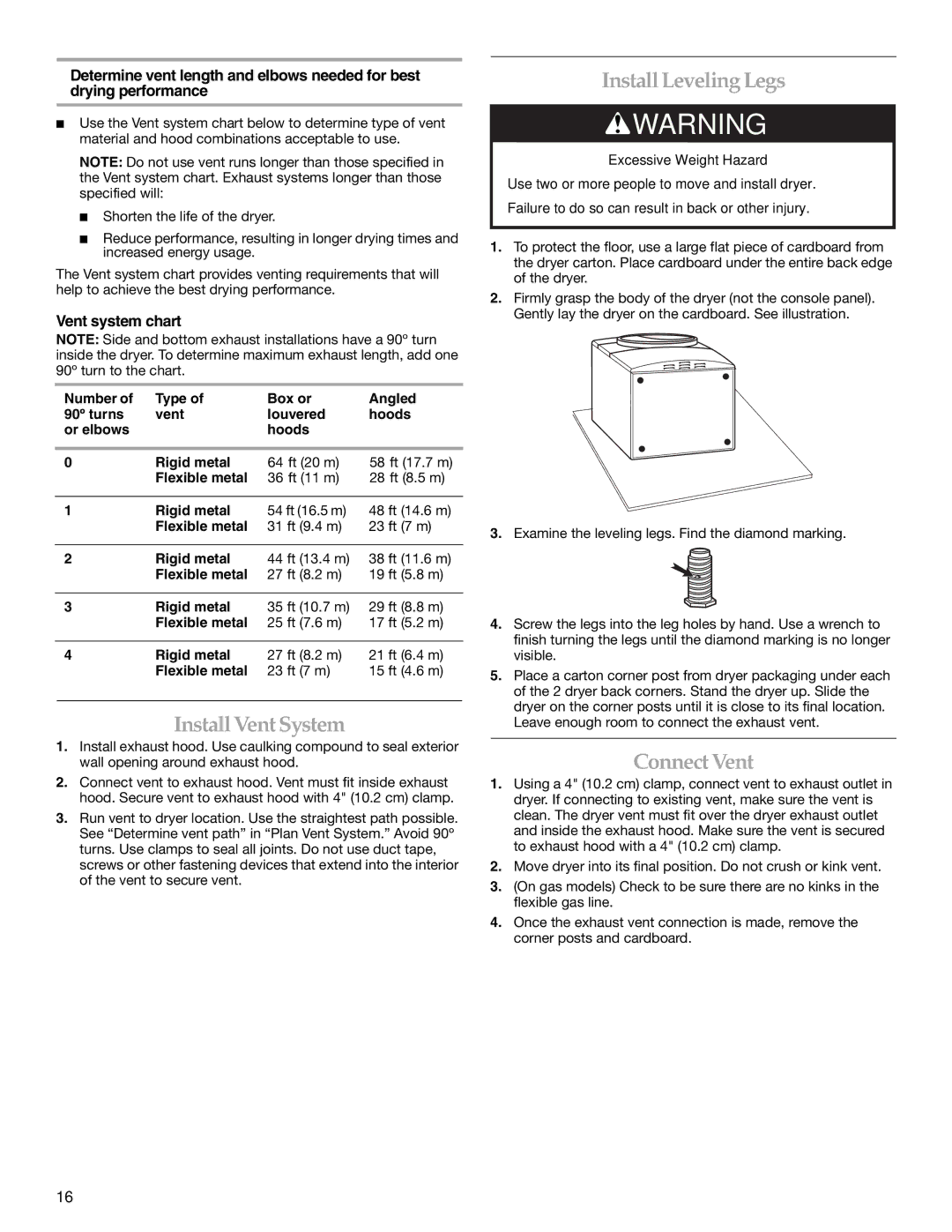 KitchenAid Clothes Dryer manual InstallVent System, InstallLeveling Legs, Connect Vent, Vent system chart 