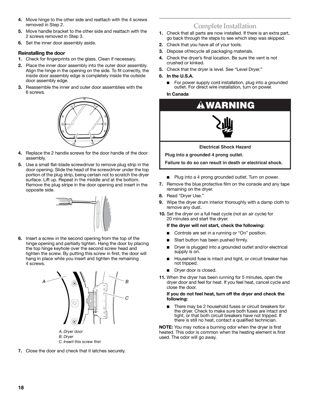 KitchenAid Clothes Dryer Complete Installation, Reinstalling the door, Close the door and check that it latches securely 