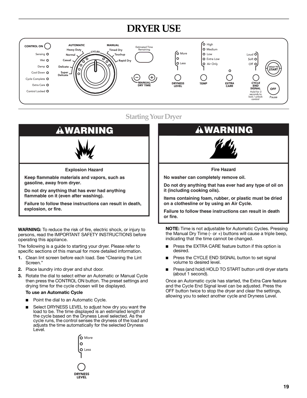 KitchenAid Clothes Dryer manual Dryer USE, Starting Your Dryer, To use an Automatic Cycle 