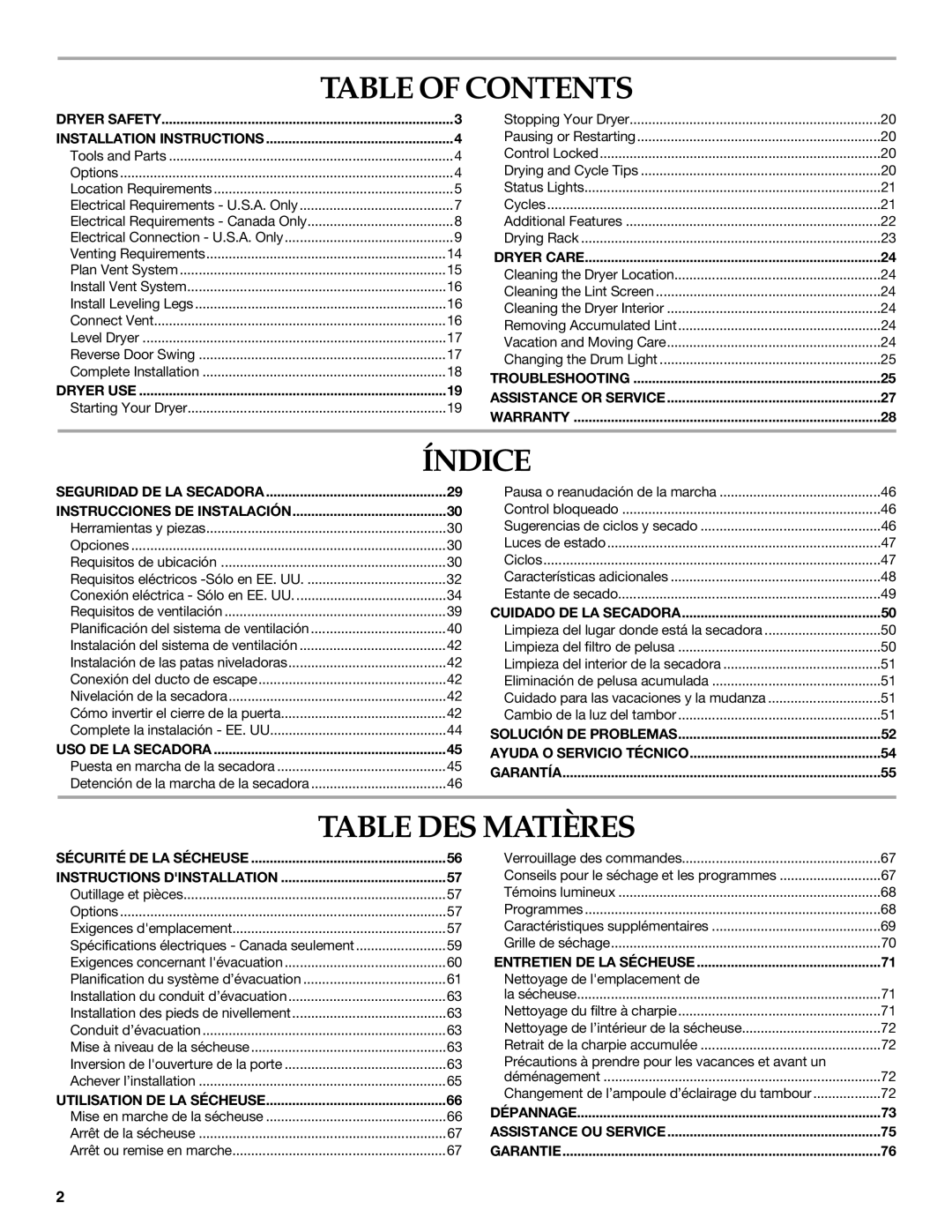 KitchenAid Clothes Dryer manual Table of Contents, Índice, Table DES Matières 