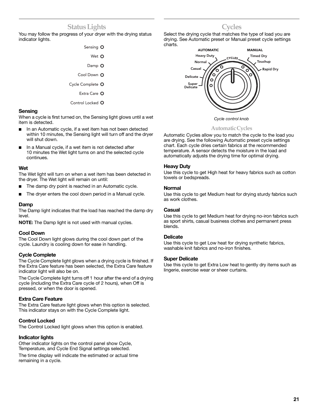 KitchenAid Clothes Dryer manual StatusLights, Cycles 