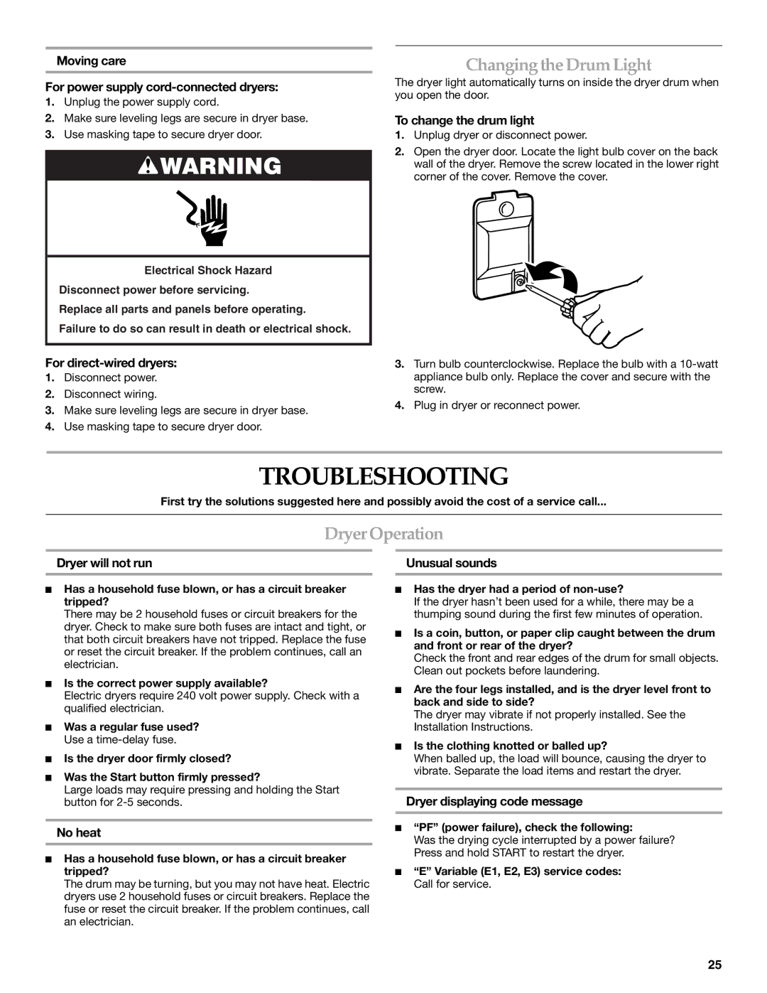 KitchenAid Clothes Dryer manual Troubleshooting, Changing the Drum Light, Dryer Operation 