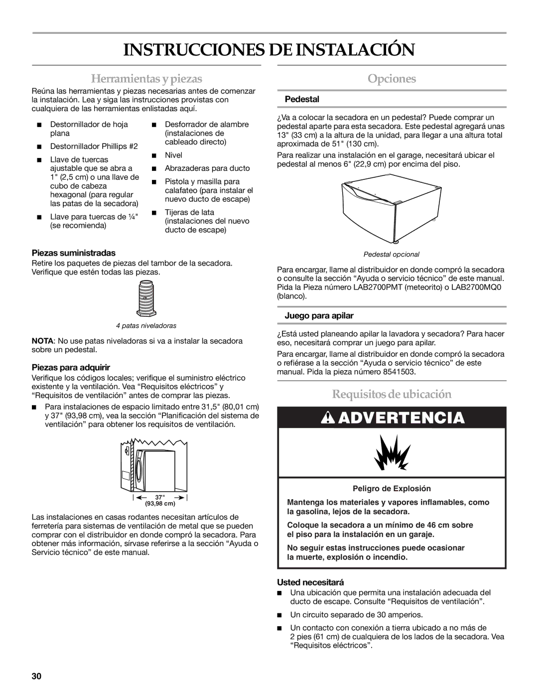 KitchenAid Clothes Dryer manual Instrucciones DE Instalación, Herramientas ypiezas, Opciones, Requisitosde ubicación 