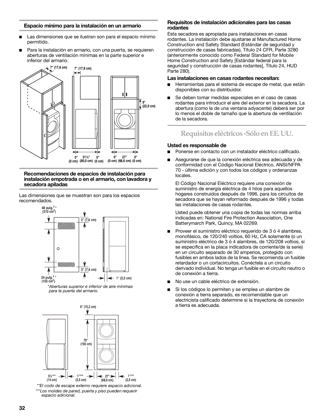 KitchenAid Clothes Dryer manual Requisitos eléctricos -Sólo en EE. UU, Espacio mínimo para la instalación en un armario 