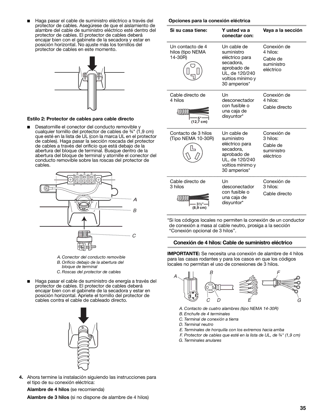 KitchenAid Clothes Dryer Conexión de 4 hilos Cable de suministro eléctrico, Alambre de 4 hilos se recomienda, Conectar con 