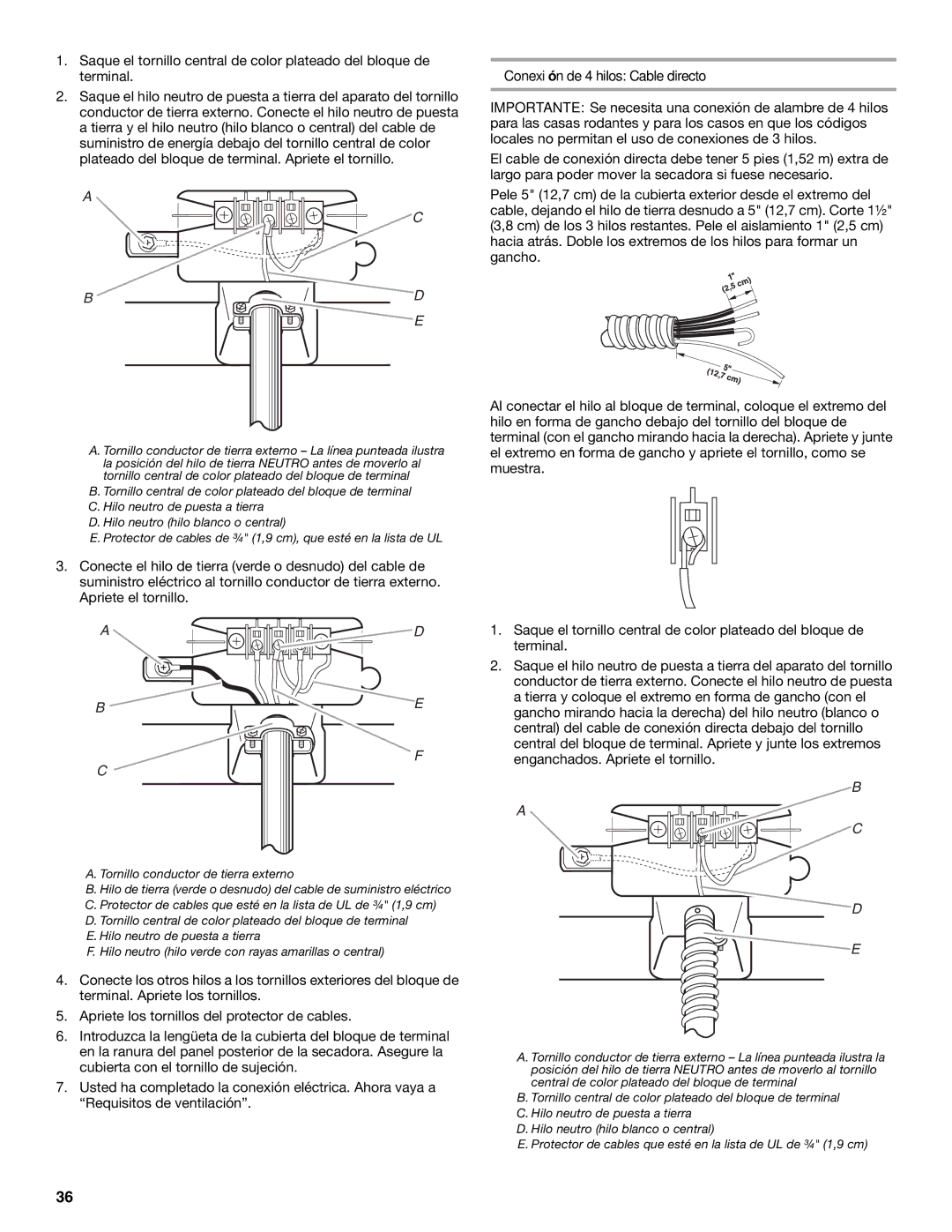 KitchenAid Clothes Dryer manual Conexión de 4 hilos Cable directo, Tornillo conductor de tierra externo 