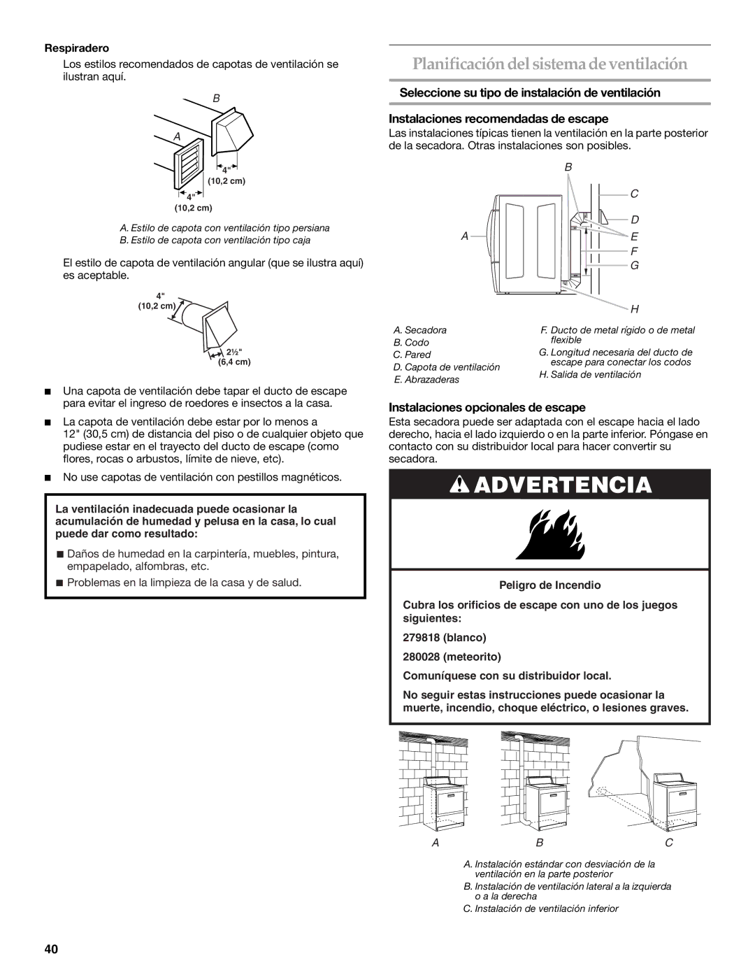 KitchenAid Clothes Dryer manual Planificación del sistema de ventilación, Instalaciones opcionales de escape, Respiradero 