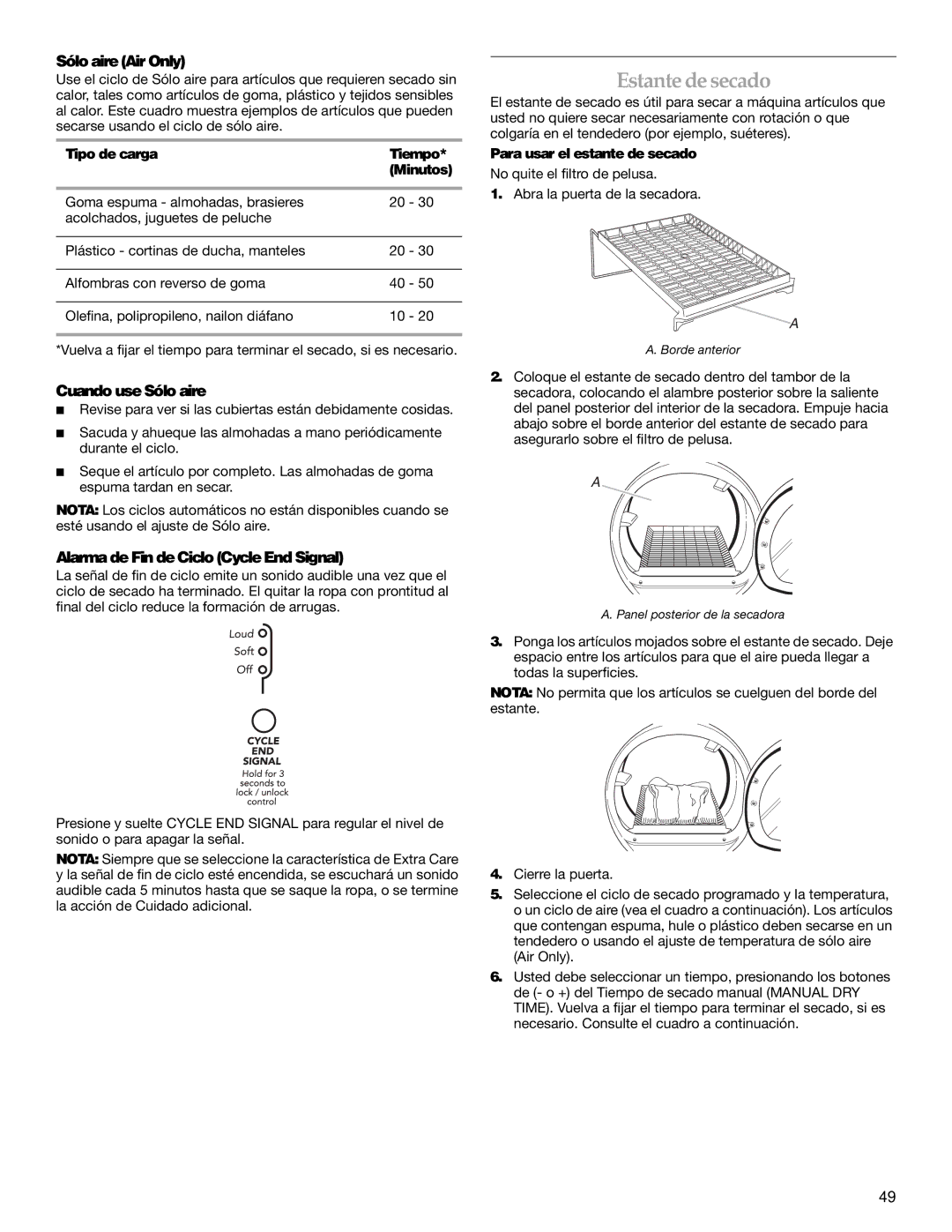 KitchenAid Clothes Dryer manual Estante de secado, Sólo aire Air Only, Cuando use Sólo aire 